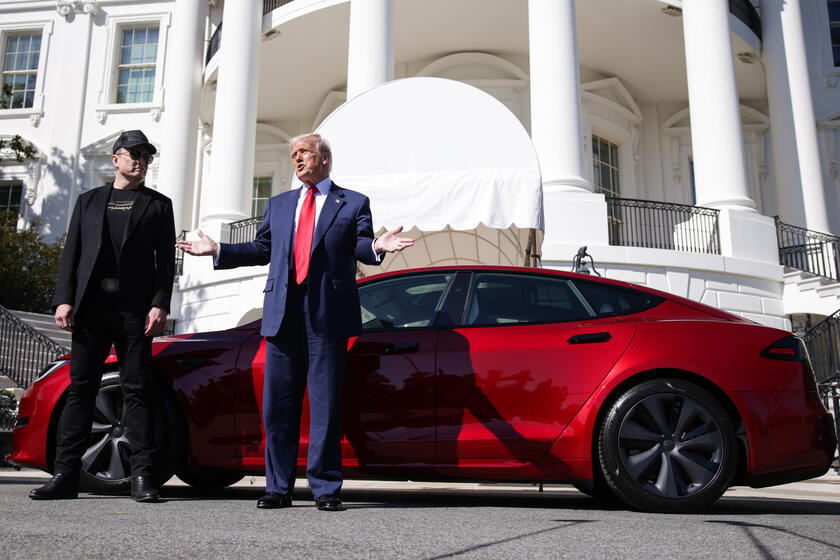 US President Trump views Tesla vehilces in front of the White House