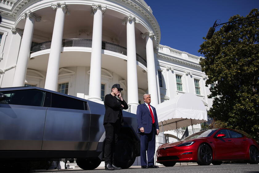 US President Trump views Tesla vehilces in front of the White House