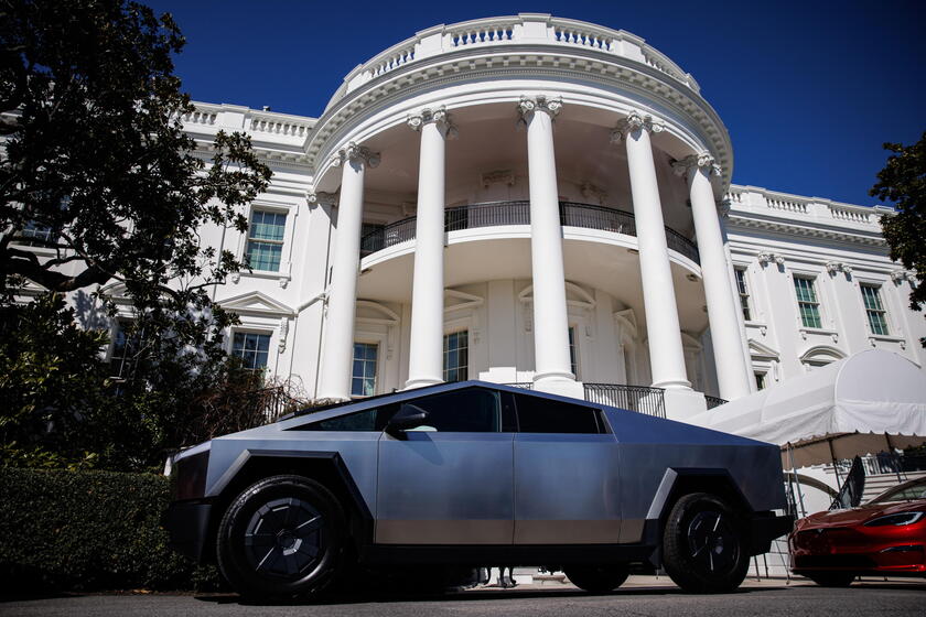 US President Trump views Tesla vehilces in front of the White House