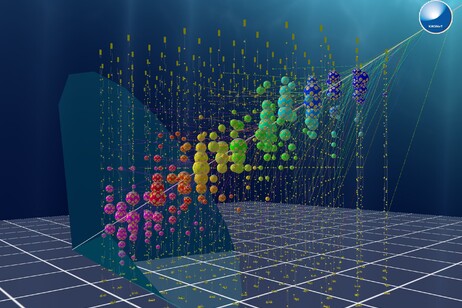 Simulazione di un evento nel rilevatore Orca del telescopio sottomarina Km3Net (fonte:  KM3NeT CC BY-NC 4.0)