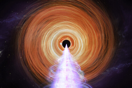 Rappresentazione artistica della regione centrale del blazer BL Lacertae, un buco nero supermassiccio circondato da un disco luminoso e che emette un getto orientato verso la Terra (fonte: NASA/Pablo Garcia)