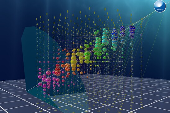 Simulazione di un evento nel rilevatore Orca del telescopio sottomarina Km3Net (fonte:  KM3NeT CC BY-NC 4.0)