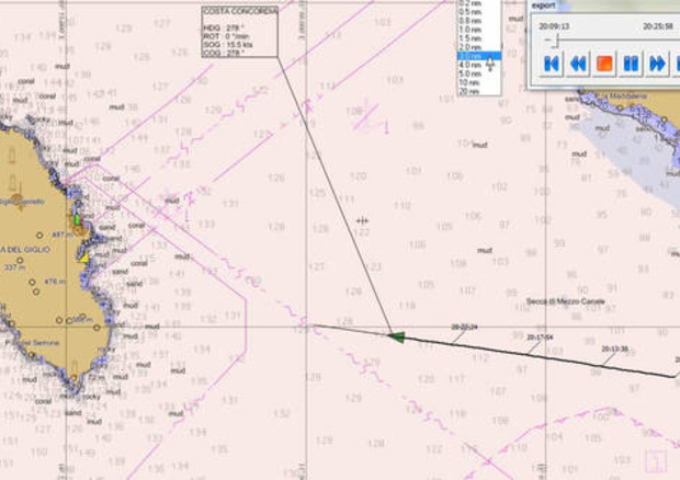 La traiettoria della Concordia prima e dopo l'impatto © Ansa