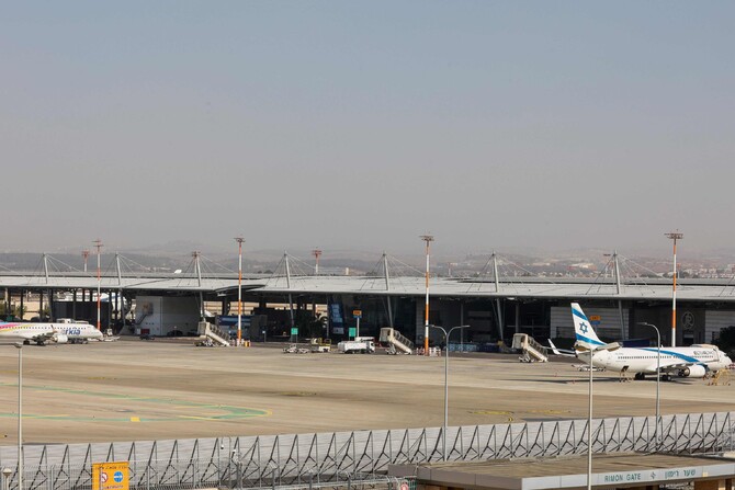 A picture shows airplanes on the tarmac at Israel's Ben gurion airport