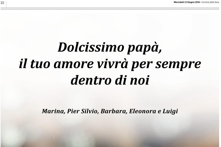 Il ricordo dei figli di Berlusconi su una pagina sui quotidiani - RIPRODUZIONE RISERVATA