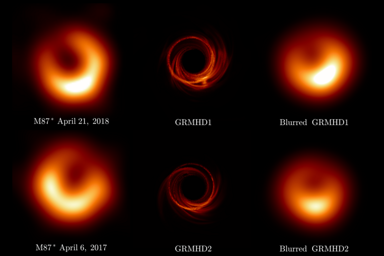 A sinistra le immagini del buco nero M87* osservate nel 2017 e nel 2018, al centro e a destra simulazioni (EHT Collaboration) - RIPRODUZIONE RISERVATA