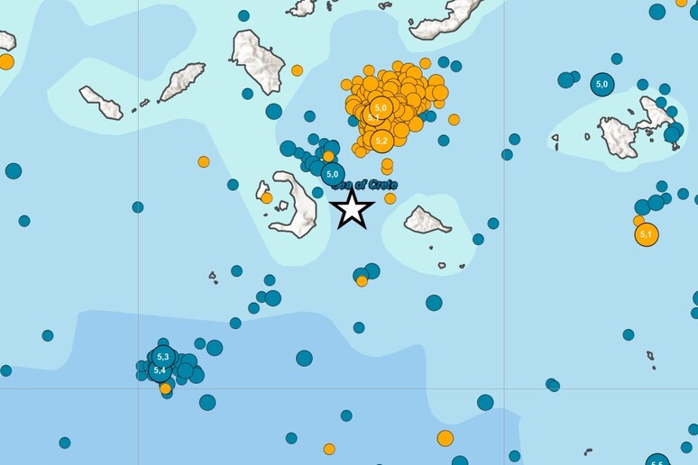 Mappa dei terremoti avvenuti durante los ciame sismico iniziato il 27 gennaio 2025 nell’area&nbsp; delle Cicladi (fonte: EMSC-CSEM – INGV) - RIPRODUZIONE RISERVATA