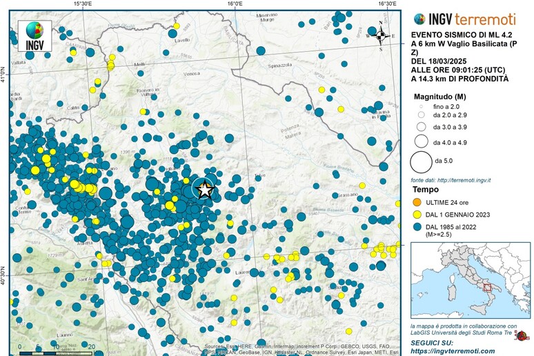 La stella indica il terremoto di 4,2 del 18 marzo a Potenza, in giallo i terremoti dal 2023, in azzurro quelli dal 1985 al 2022 (fonte: INGV) - RIPRODUZIONE RISERVATA