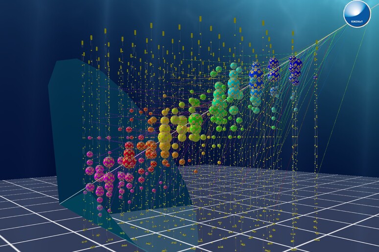 Simulazione di un evento nel rilevatore Orca del telescopio sottomarina Km3Net (fonte:  KM3NeT CC BY-NC 4.0) - RIPRODUZIONE RISERVATA